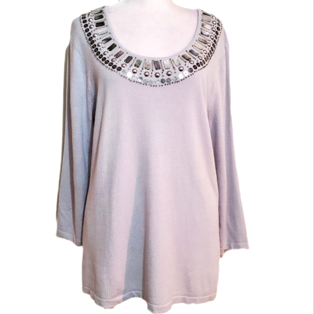 Chico's Cleo gray rayon Mother of Pearl bead lightweight knit sweater top 2 NWT